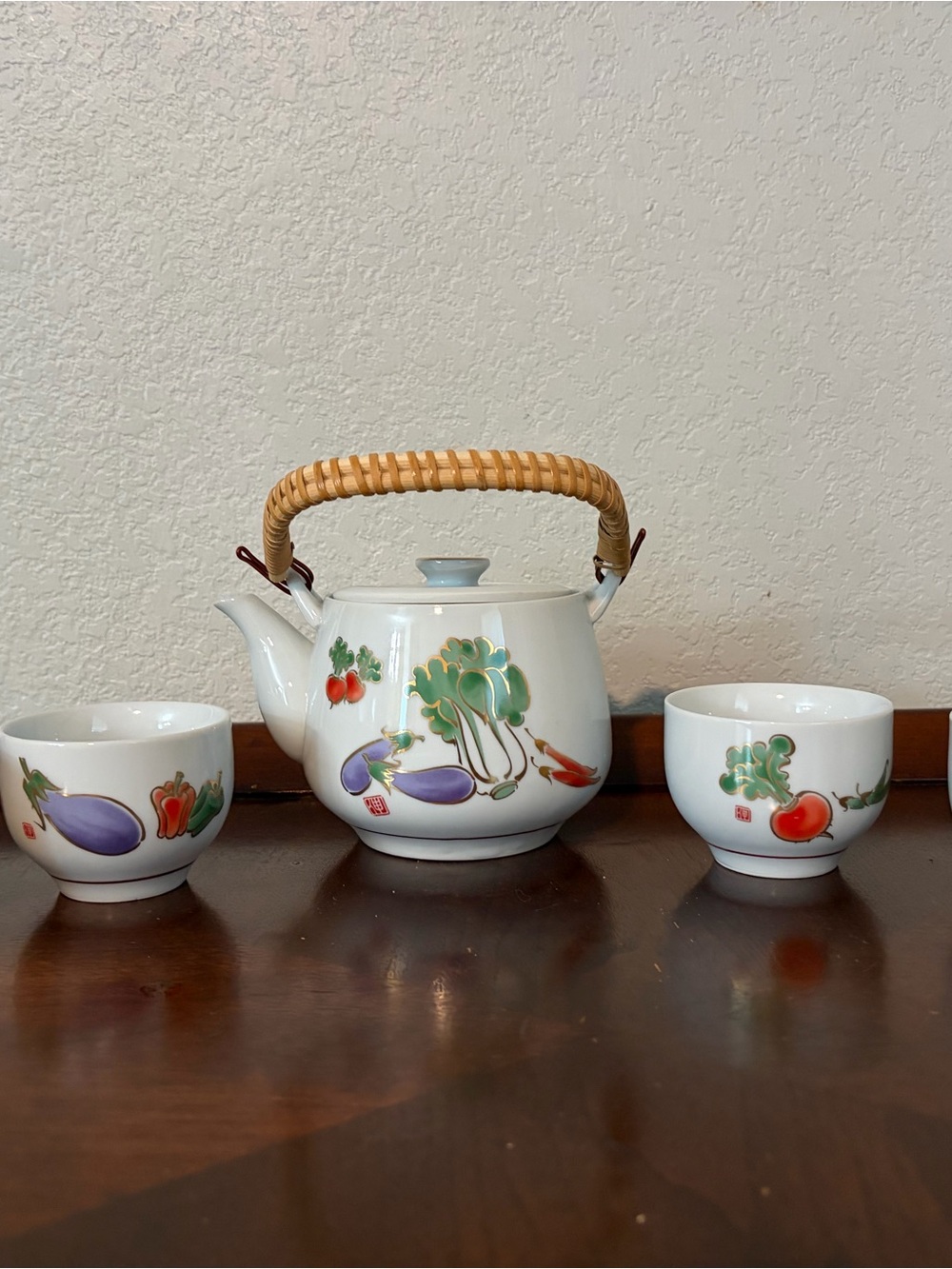 Japanese VintagePorcelain Teapot Set with Vegetable Motif - White and Multicolor